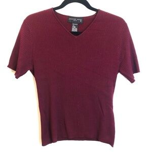 August Silk Ribbed 100% Silk V Neck Burgundy Red Top L